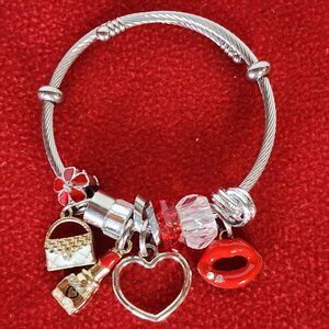 Silverplate Kiss of Love Silver Heart Mixed Metal Crystal Charms Slip on Bangle